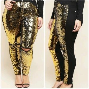 Quum black denim jeans gold sequins on front & black rear Tag Sz 1x Fit Sz Large